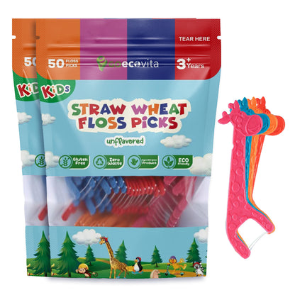 Biodegradable Kids Flossers - Unflavored Dental Floss Picks for Children | Fluoride & Plastic-Free | Colorful & Fun Animal Floss Sticks