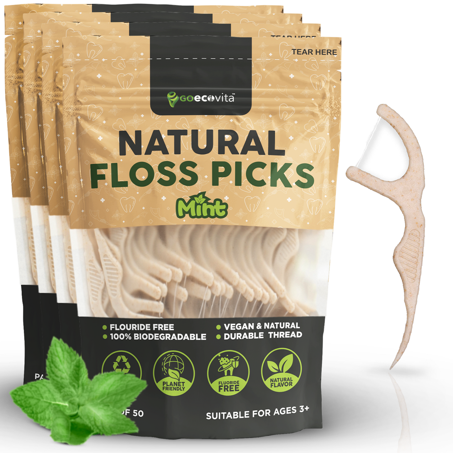 Biodegradable Floss Picks - Natural Straw Wheat Handle | Thin & Durable Thread for Tight Gaps! | Dental Flossers for Adults