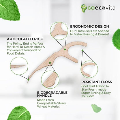 Biodegradable Floss Picks - Natural Straw Wheat Handle | Thin & Durable Thread for Tight Gaps! | Dental Flossers for Adults
